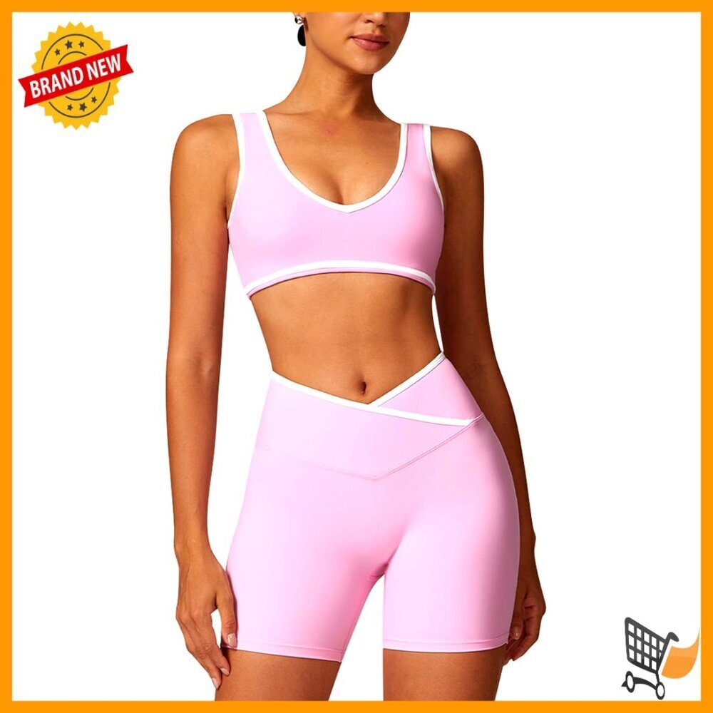 Color Block Workout Set Sports Bra Crossover Waist Shorts Gym Yoga Pilates
